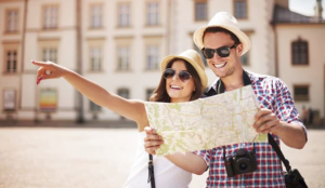 happy tourists sightseeing